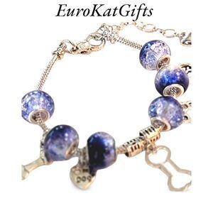 Hand Crafted Silver Pet Dog Bone Charm Bracelet Blue MED 7.25” wit1.75” extender